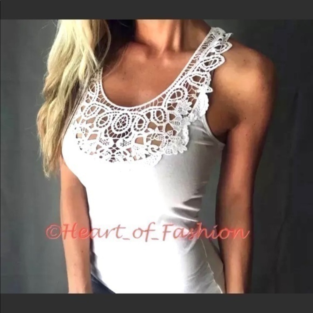 Boho Crochet Front Basic Cotton Blend Tank Sleeveless Top White
